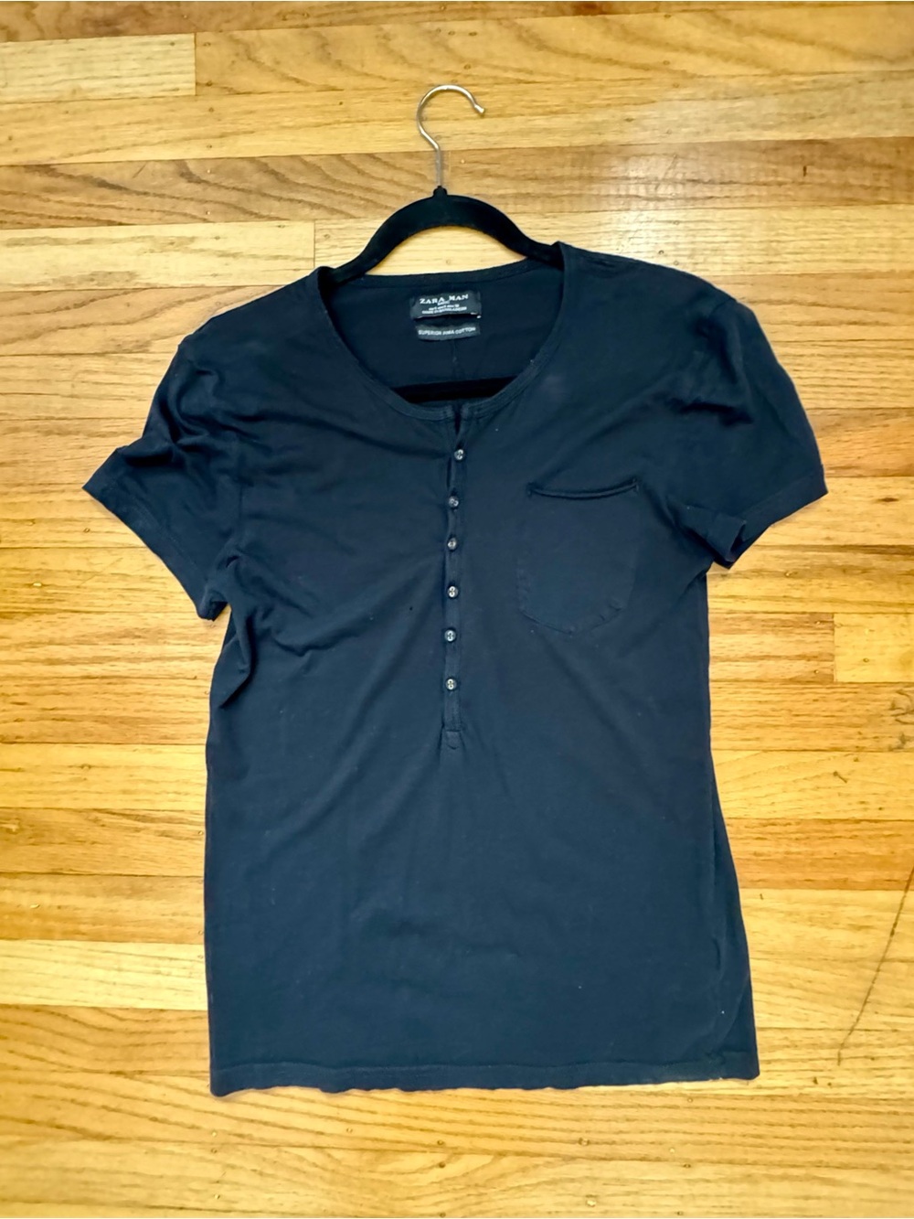 Zara Black Short-Sleeve Henley with Chest Pocket
